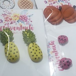 3 pairs of earrings- pineapple, pumpkin, ladybug